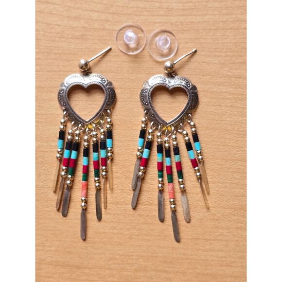 QT Quoc Turquoise Sterling Sliver Southwestern Heart Concho Drop Earrings - Picture 1 of 5